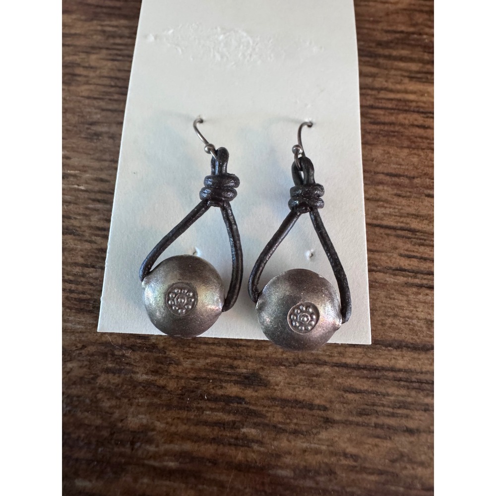 Vintage Boho Leather Hammered Sterling silver Drop Earrings Stamped Floral Motif